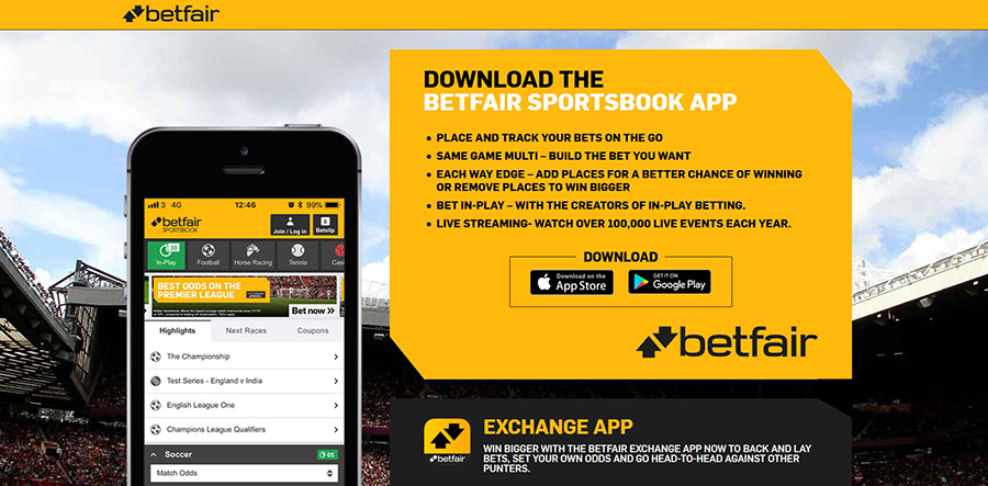 Betfair betting site and app.