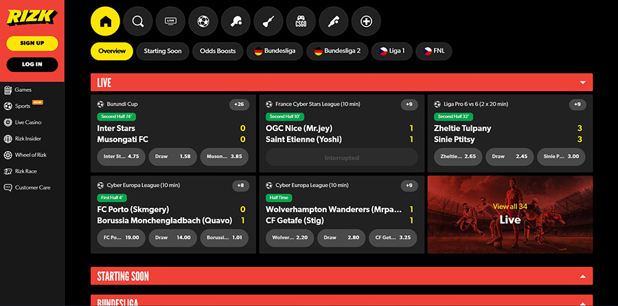 Rizk betting site and app.